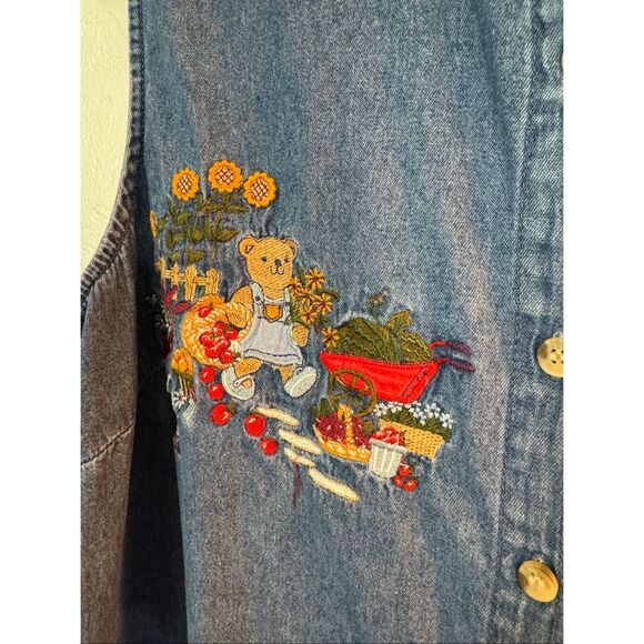 Vintage 90s Bobbie Brooks Denim Embroidered Autumn Teddy Bear Vest XXL - Picture 2 of 6
